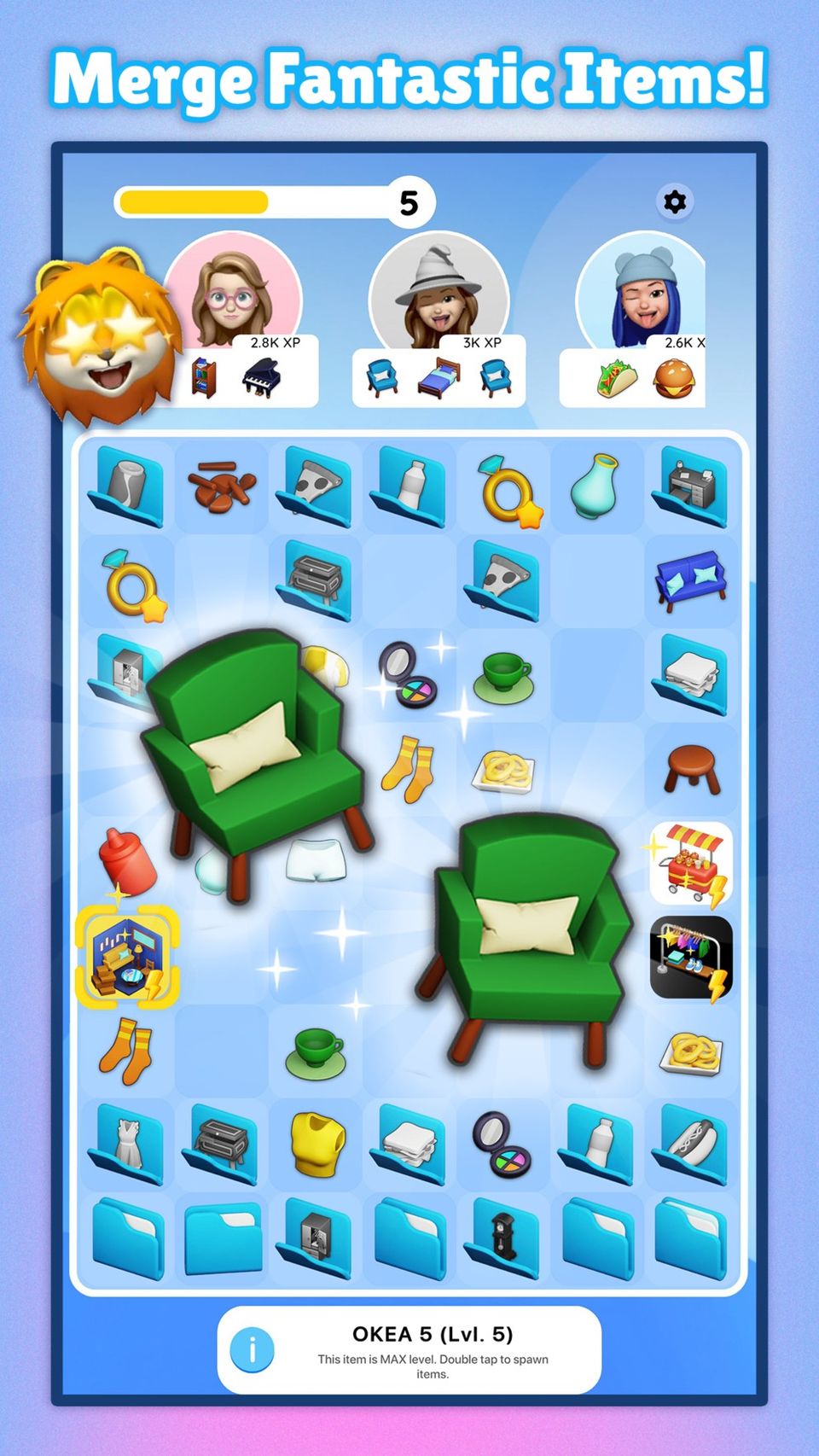 A promotional image for <i>App Merge</i>, showing a  board full of items and apps inside a phone screen with some overlayed text