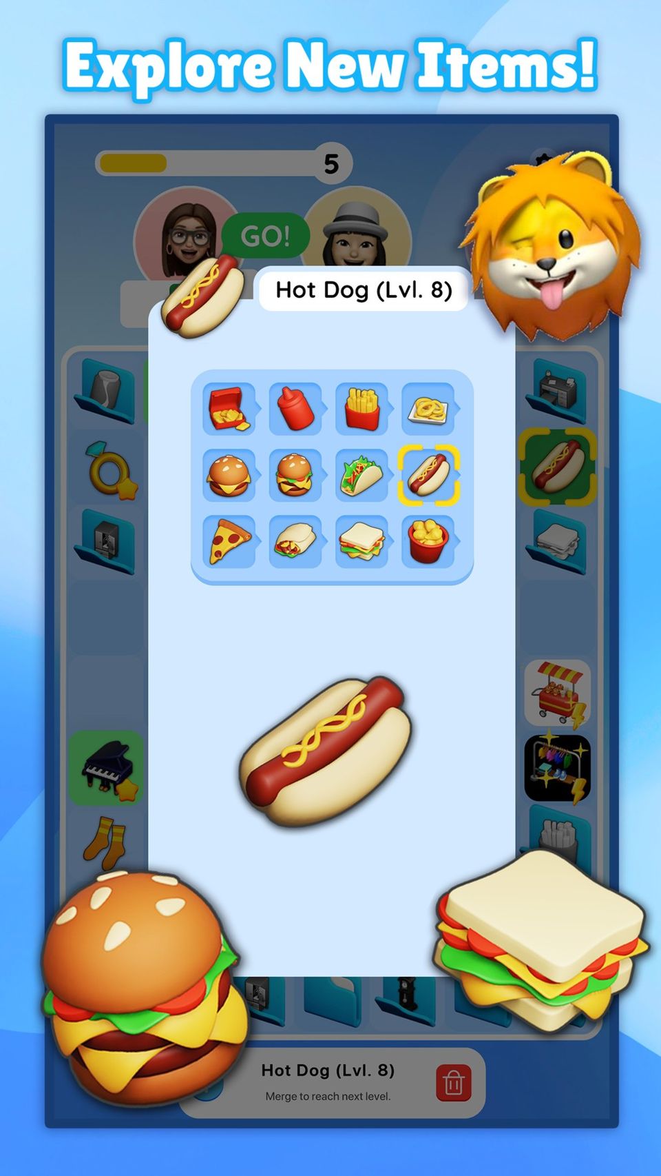 A promotional image for <i>App Merge</i>, showing a  board full of items and apps inside a phone screen with some overlayed text