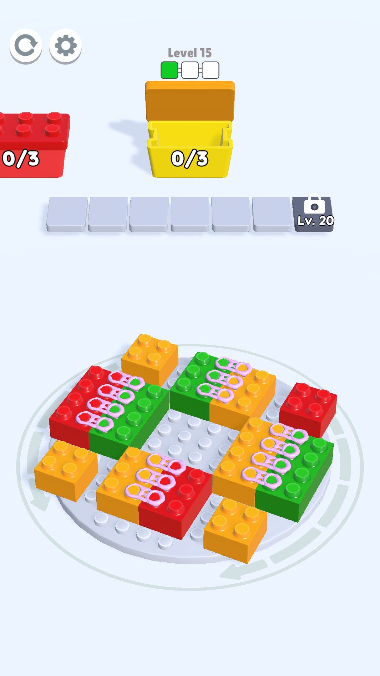 A screenshot of Brick Jam 3D, showing a level with a bunch of colorful bricks.