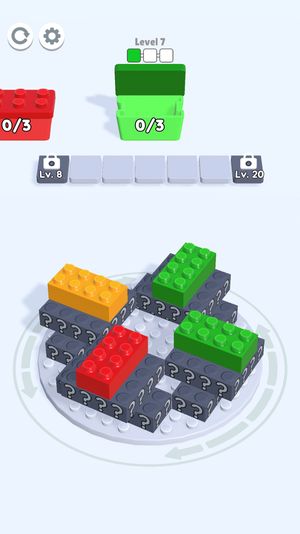 A screenshot of Brick Jam 3D, showing a level with a bunch of colorful bricks.