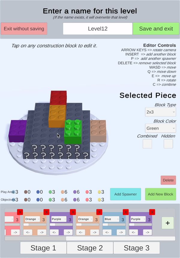 A screenshot of the level editor of Brick Jam 3D, showing a UI with text and buttons and a bunch of colorful bricks.