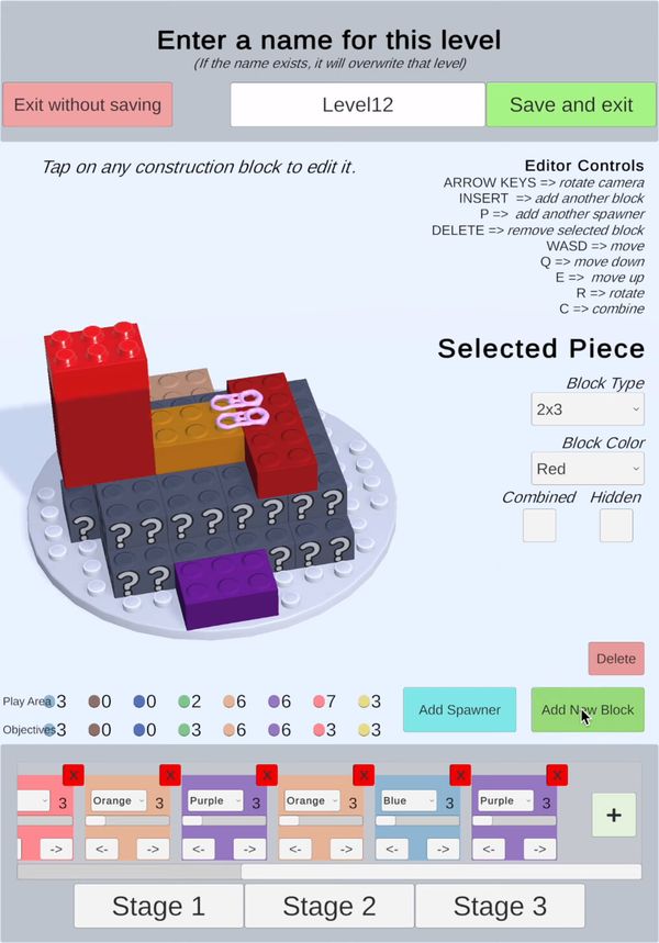 A screenshot of the level editor of Brick Jam 3D, showing a UI with text and buttons and a bunch of colorful bricks.