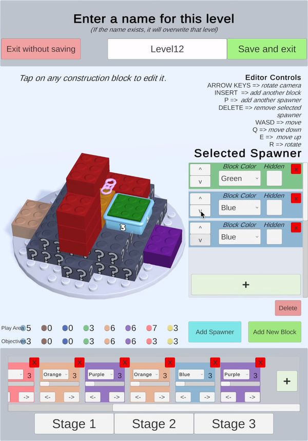 A screenshot of the level editor of Brick Jam 3D, showing a UI with text and buttons and a bunch of colorful bricks.