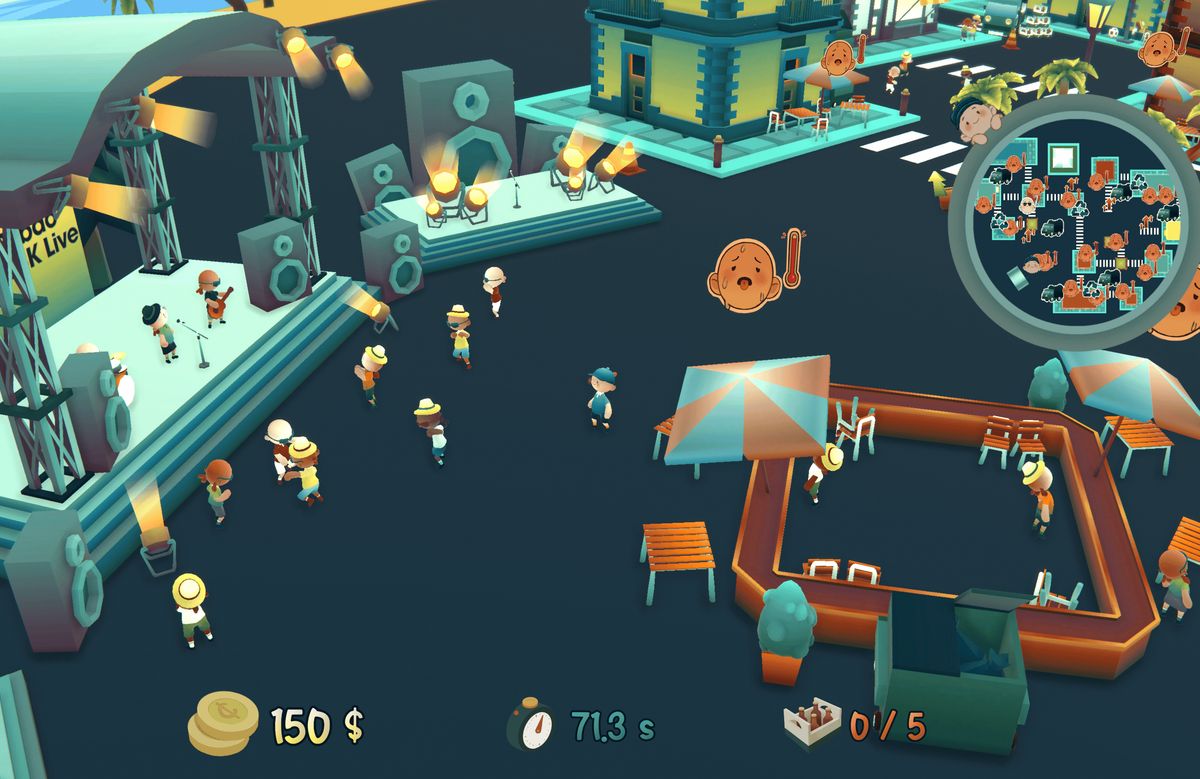 Screenshot of Delivery On Time, showing the main character in front of some dancing NPCs