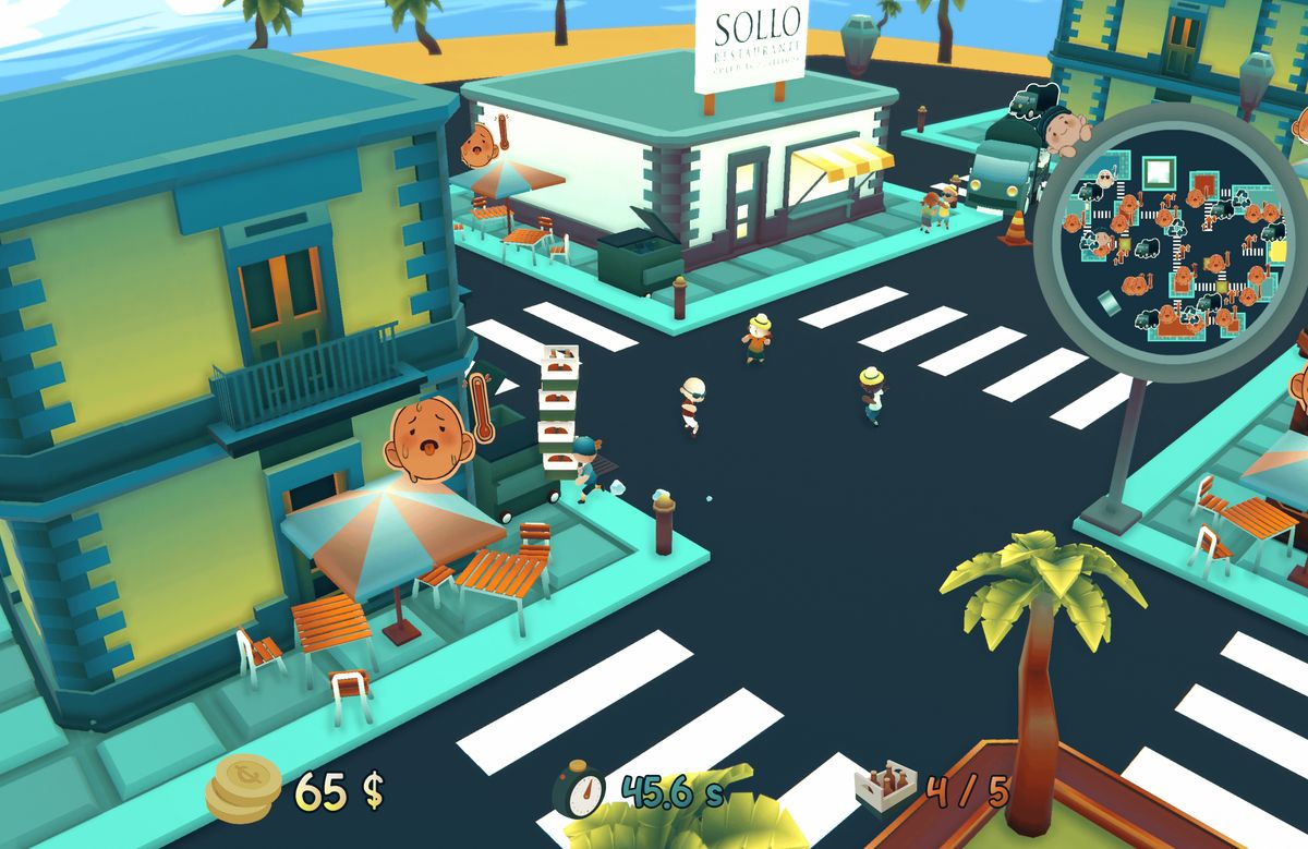 Screenshot of Delivery On Time, showing the main character carrying empty beer boxes