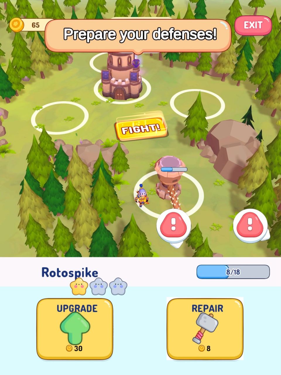 Gameplay screenshot of Goblin Wars, showing an overlay interface where the player can level up or repair an existing building.