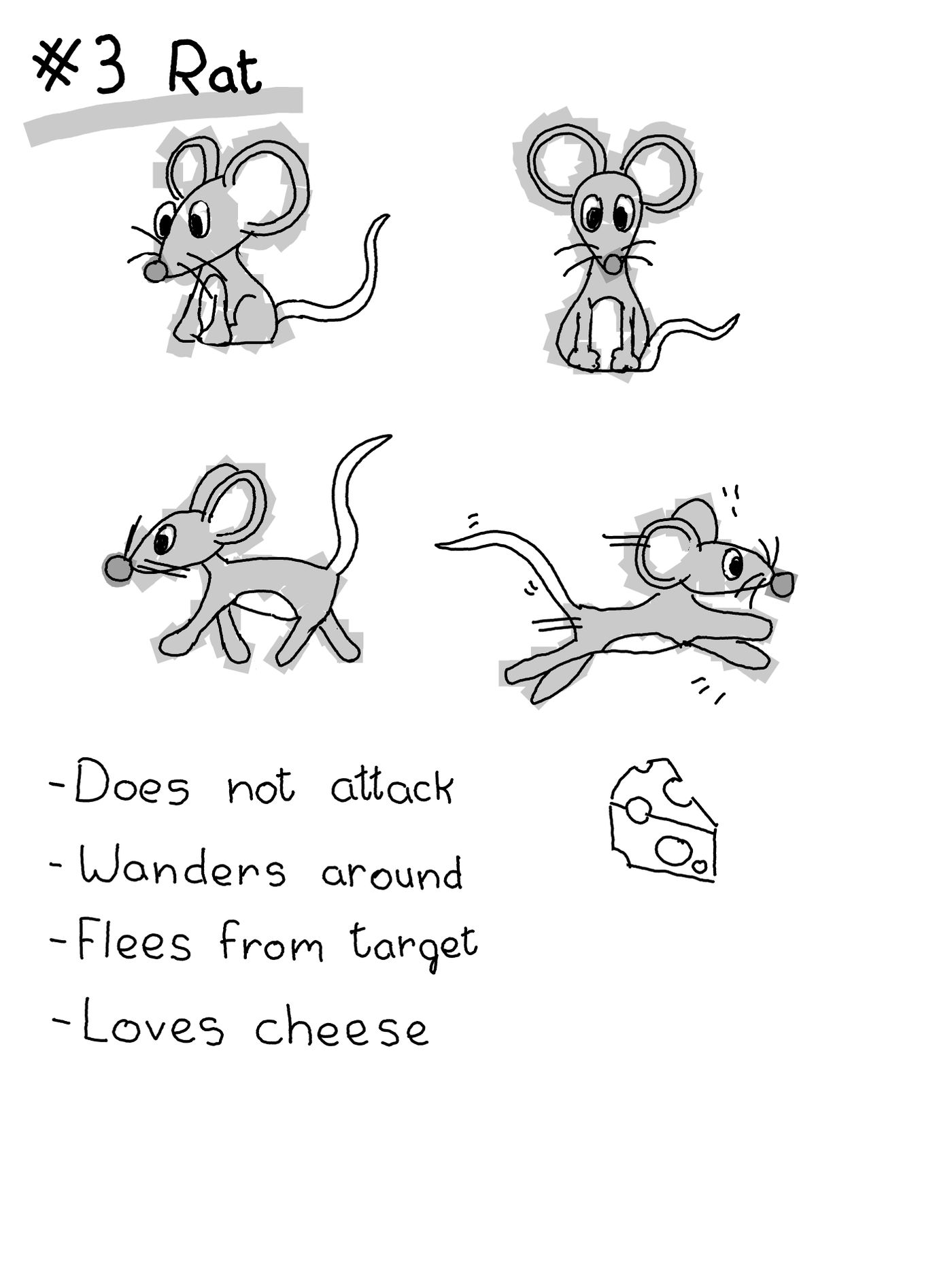A sketch of an idea for an enemy character, a rat that flees from the character unless there cheese nearby.