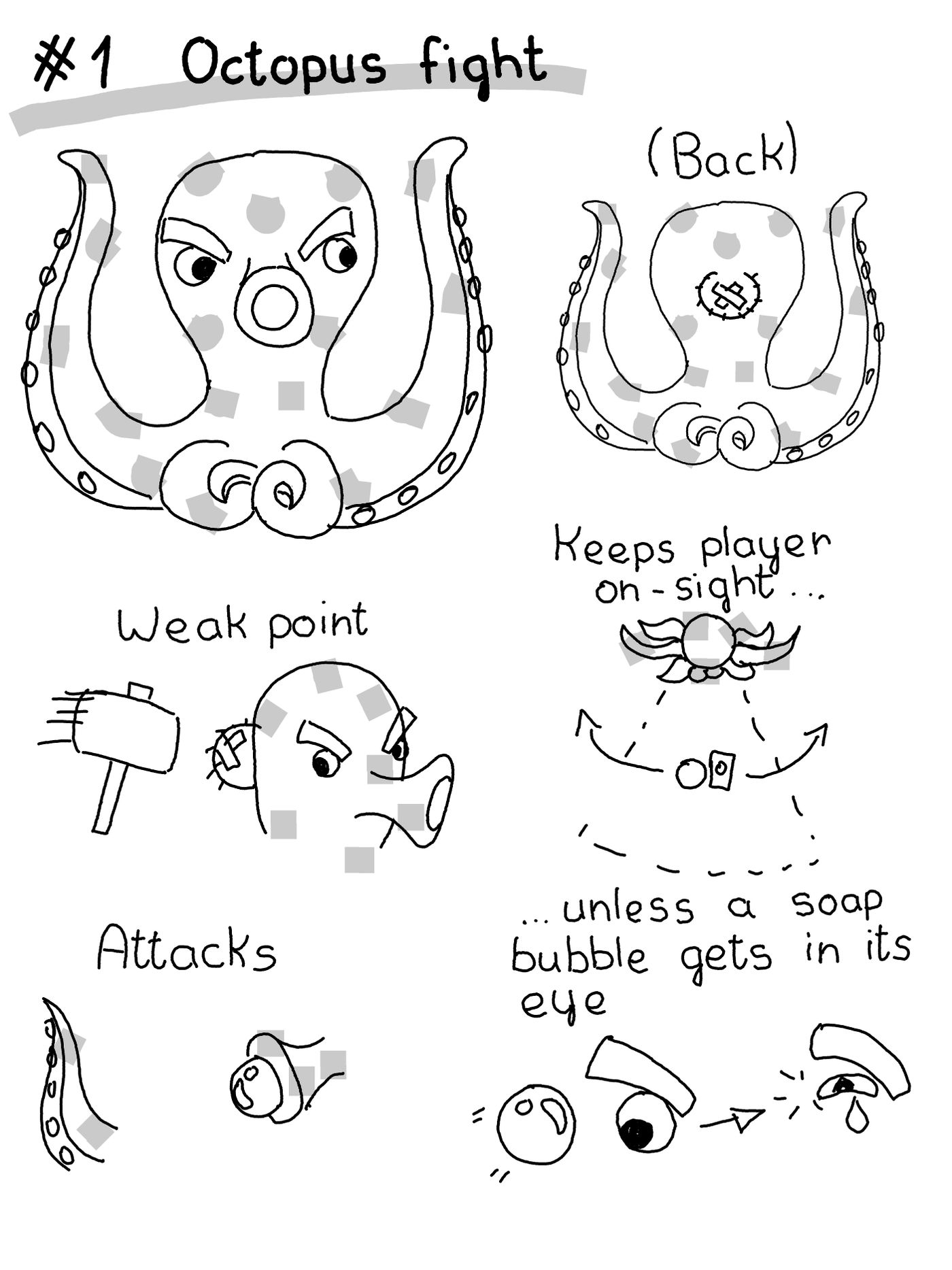 A sketch of an idea for an enemy character, an octopus that has a weak spot in the back.