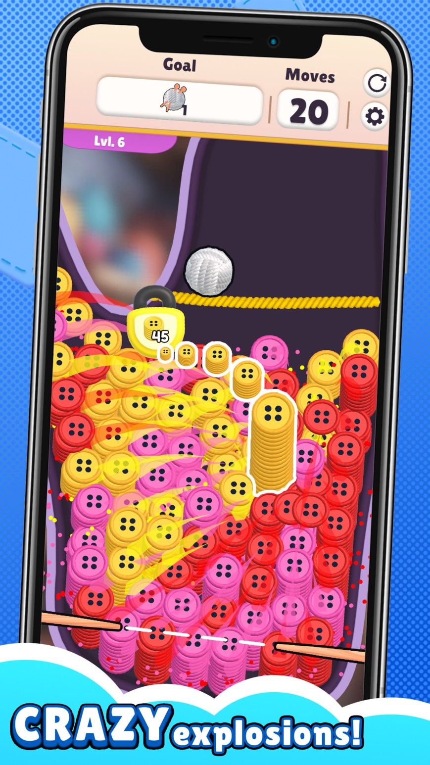 A screenshot of <i>Knit Together</i>, showing a level with a bunch of colorful buttons.