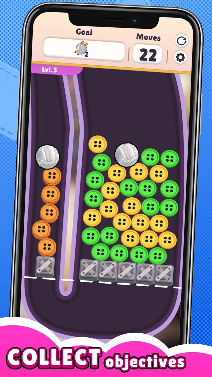 A screenshot of <i>Knit Together</i>, showing a level with a bunch of colorful buttons.