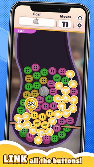 A screenshot of <i>Knit Together</i>, showing a level with a bunch of colorful buttons.