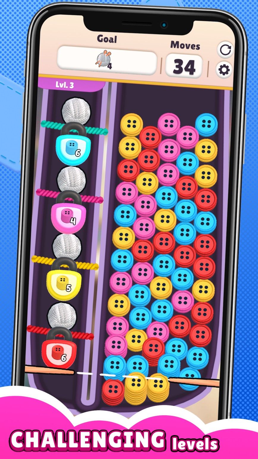 A screenshot of <i>Knit Together</i>, showing a level with a bunch of colorful buttons.