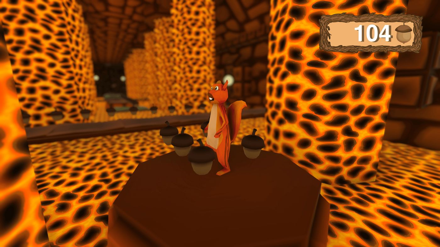 A screenshot of Roots of Life, showing the main character on top of of a moving platform in a lava cave.