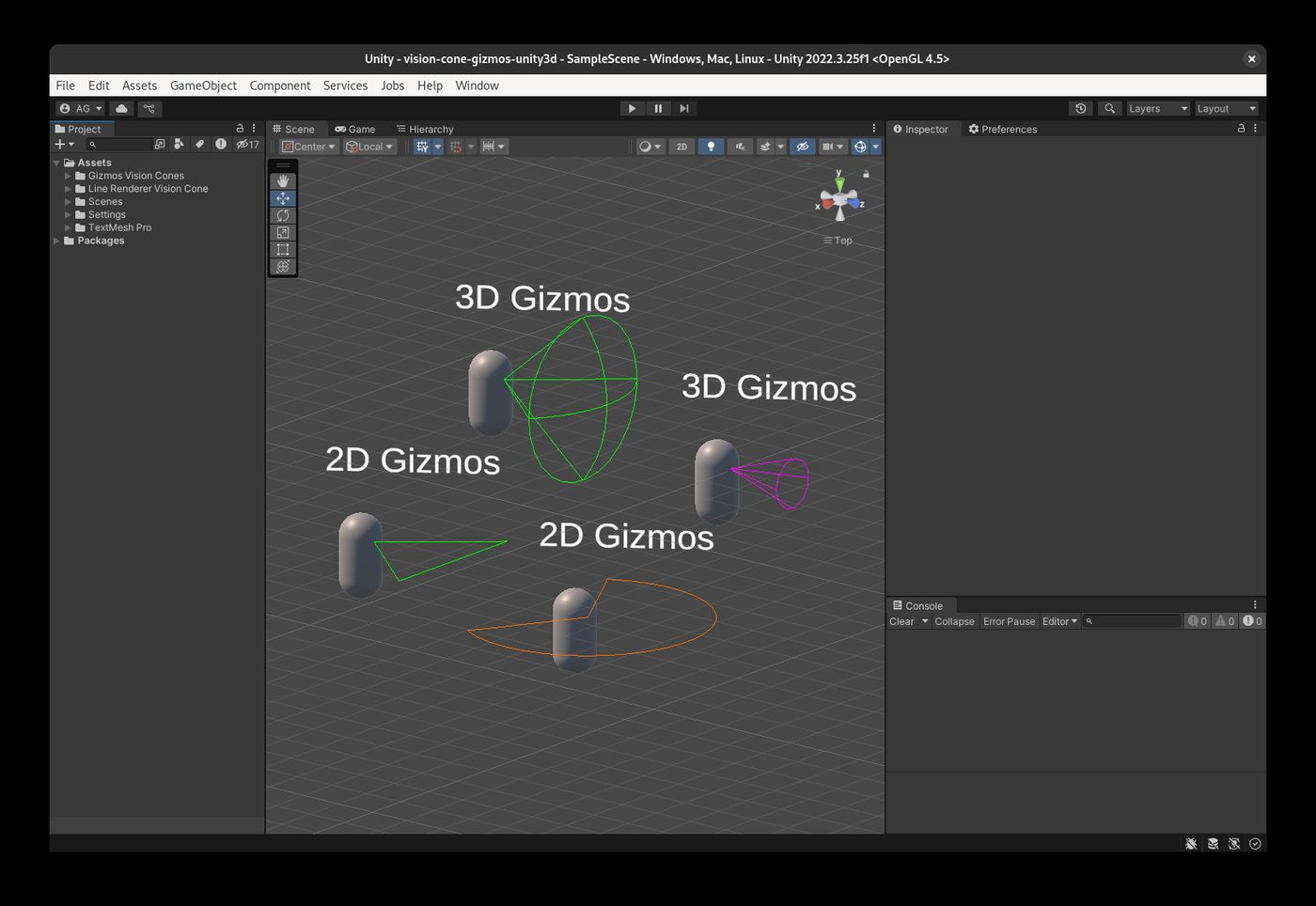 Different vision cones created using Gizmos, showing different styles and shapes.