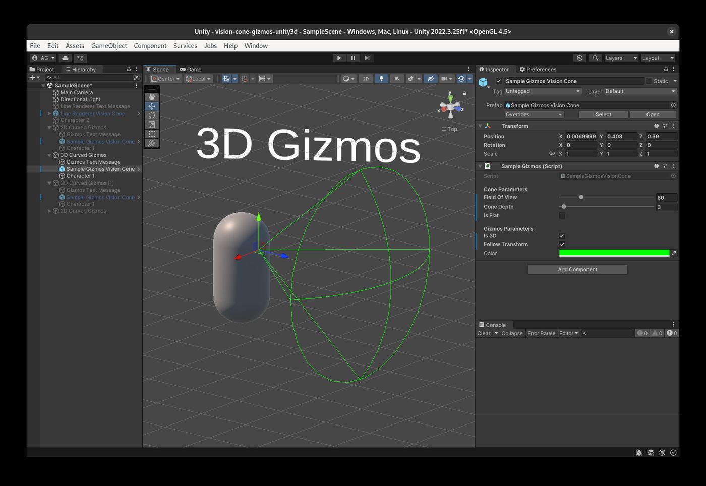 A field of view vision cone, which can be configured from the inspector, generated using Unity3D's Gizmos system.