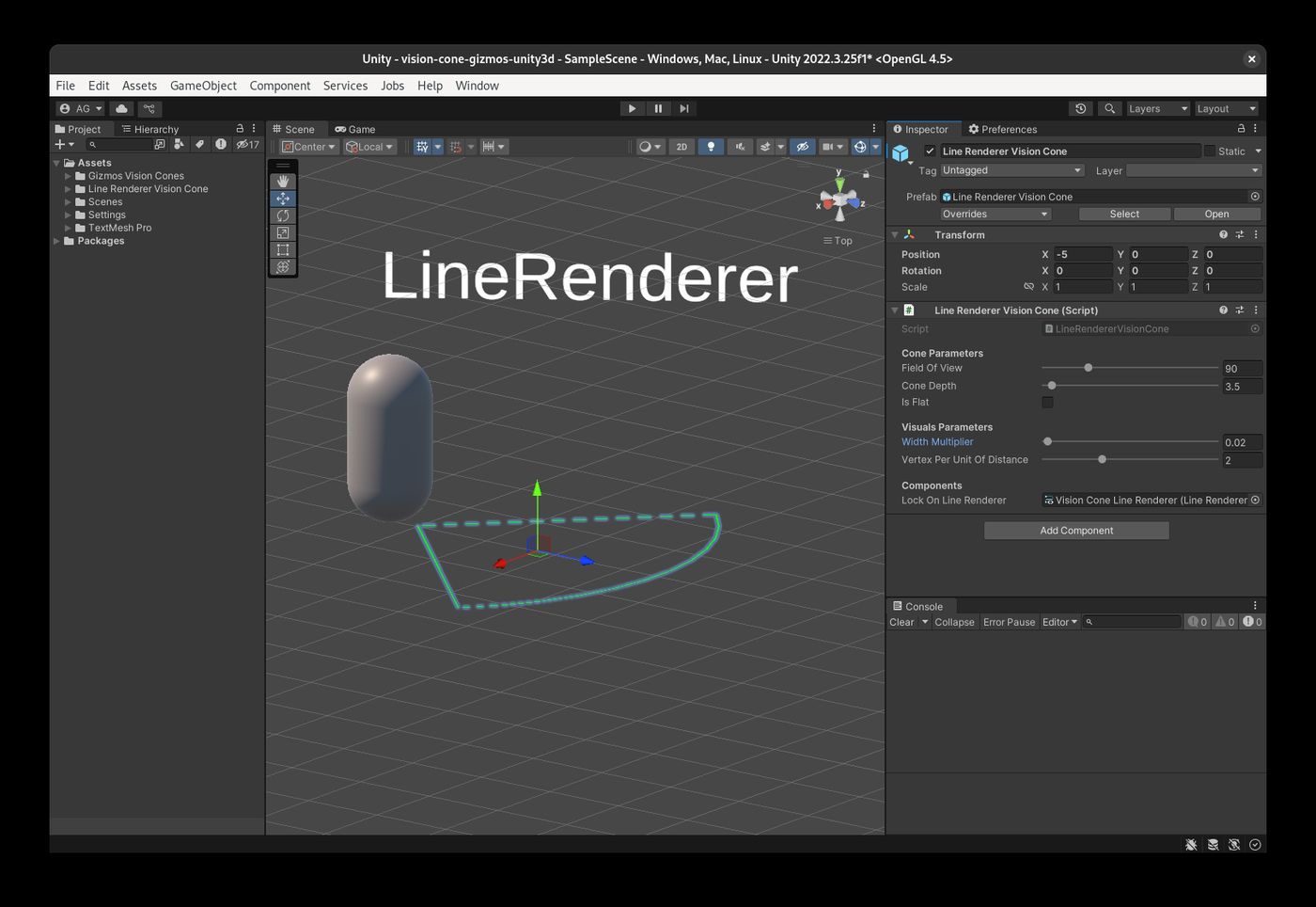 A field of view vision cone, which can be configured from the inspector, generated using Unity3D's LineRenderer.