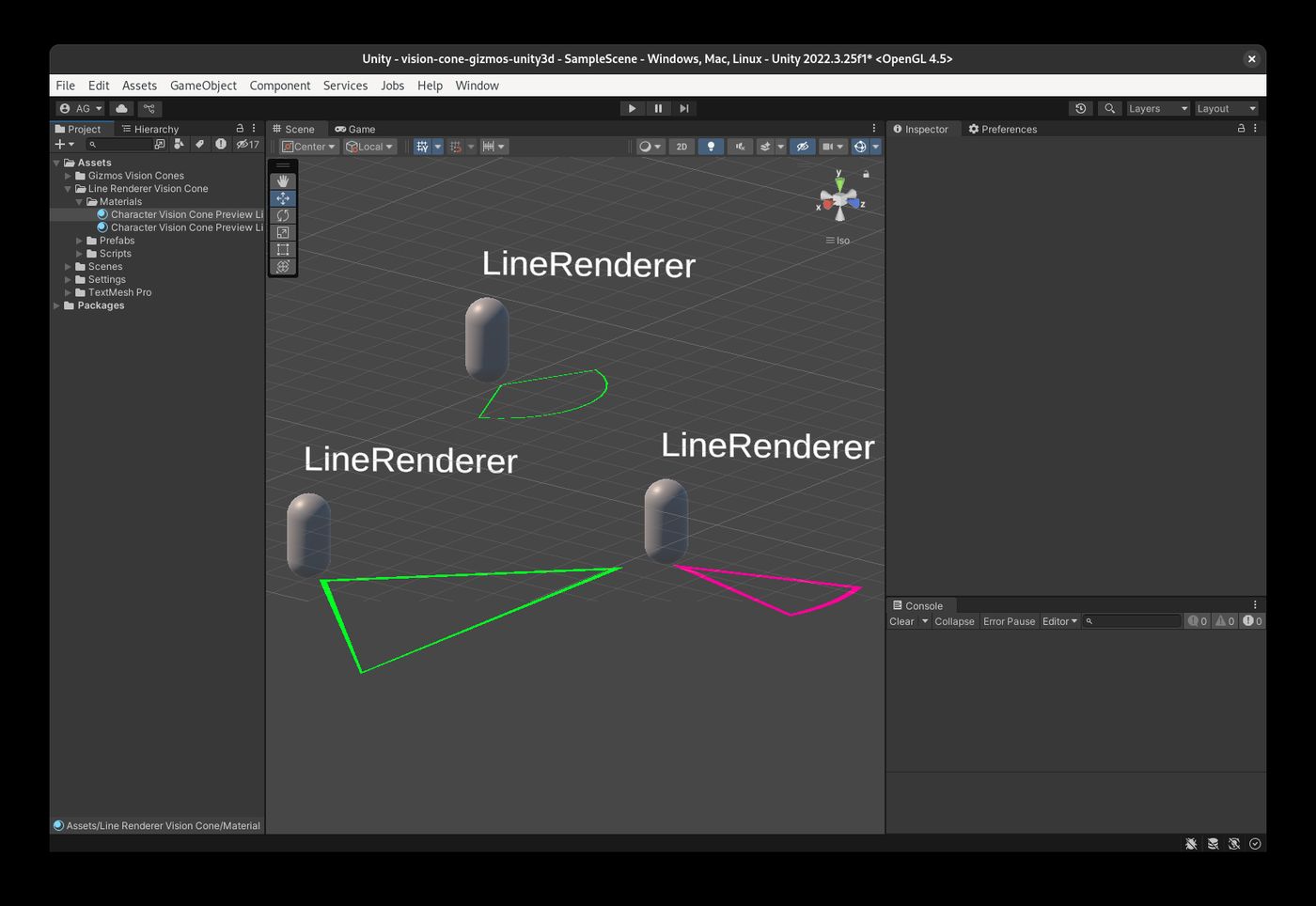 Different vision cones created using a LineRenderer, with different colors and shapes.