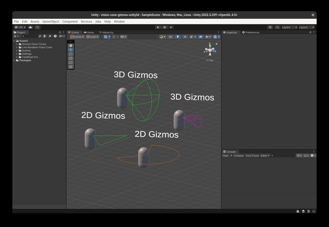 Different vision cones created using the tool I developed, showing different styles and shapes