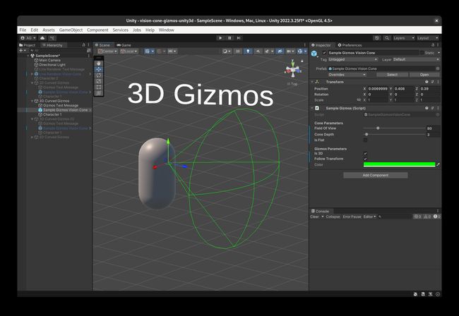 A field of view vision cone, which can be configured from the inspector, generated using Unity3D's Gizmos system.