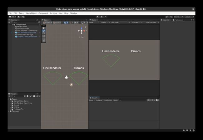 A side by side of the two implementations. The Gizmos vision cone is not visible during gameplay.