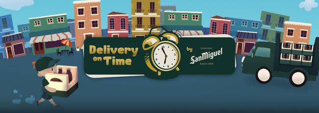 'Promotional banner for Delivery On Time, where the logo of the game is in the middle and the main character is carrying beer boxes.'