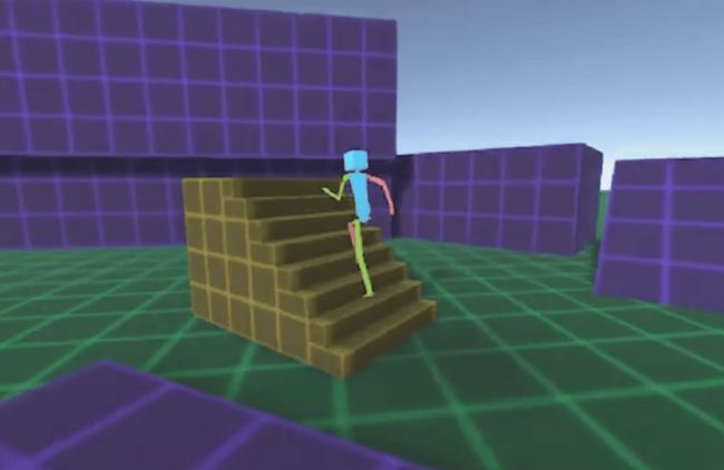 'A screenshot of the test scene used to showcase the character and camera controllers, showing a stickman character walking up a staircase.'